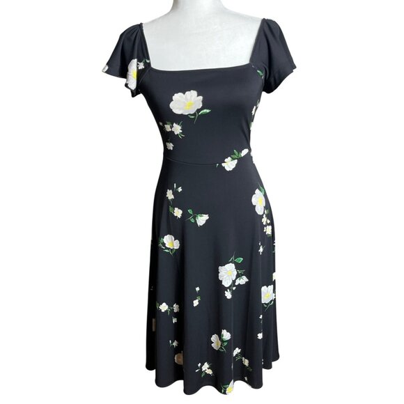 Banana Republic Dress A-line Midi Black Floral Jersey Feminine Comfy Womens XS - Picture 1 of 8